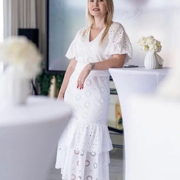 zara embroidered midi dress white EMBROIDERED LACE GEORGETTE MIDI DRESS - Stone